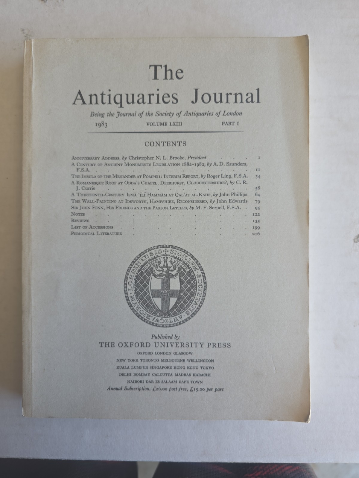 The Antiquaries Journal 1983 Volume LXIII Part 1 Oxford