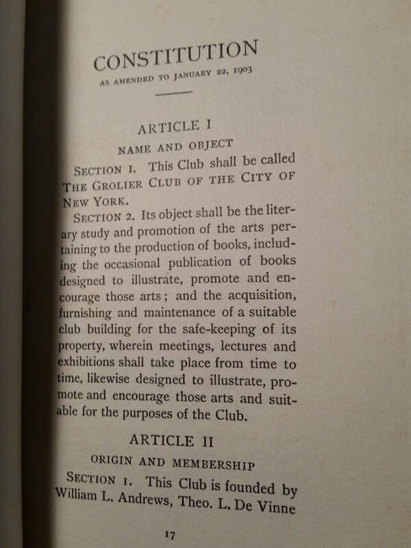 1906 The Grolier Club of the City of New York Ltd Ed of 500 Officer Member List