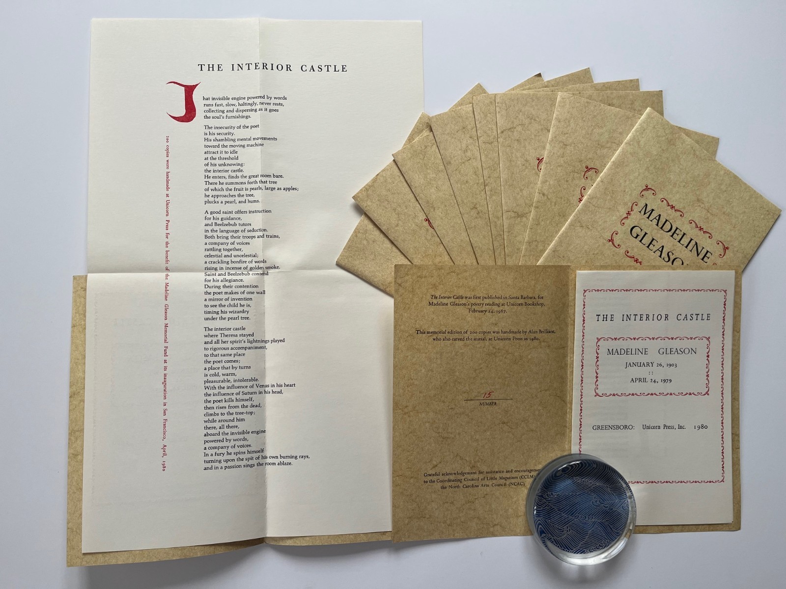 MADELINE GLEASON Interior Castle (1967) 1980 Broadside poetry Unicorn Press x 10