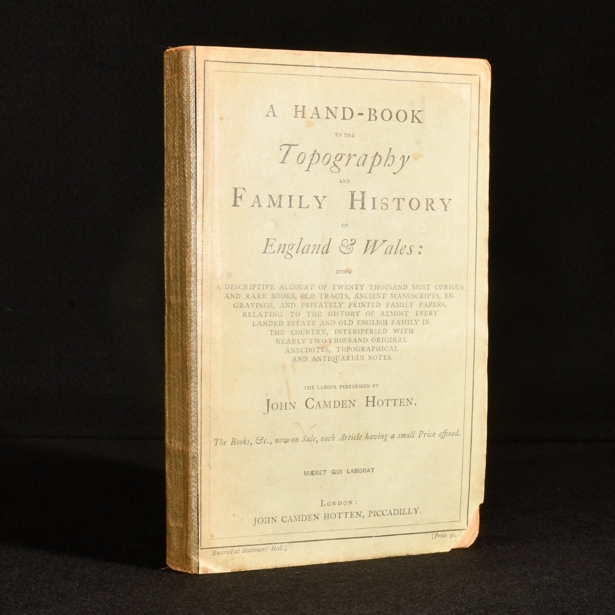 1863 Topography and Family History of England and Wales John Camden Hotten 1st