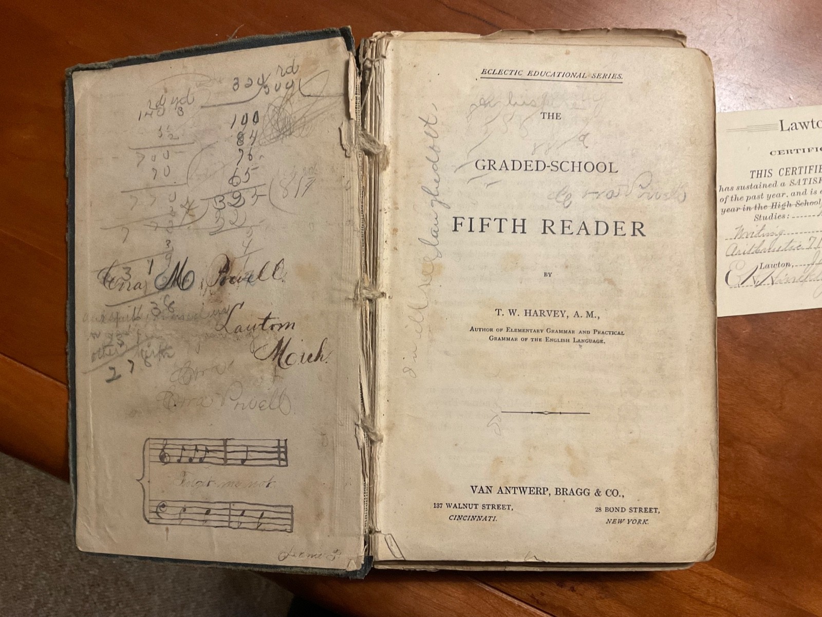 1875 THE GRADED SCHOOL FIFTH READER – T W HARVEY Lawton, Michigan w/1888 Cert!