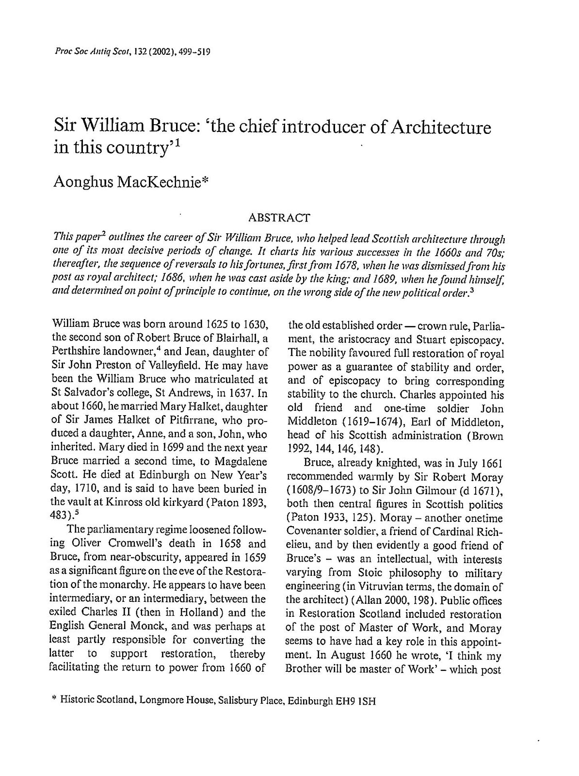 Sir William Bruce: the chief introducer of Architecture in Scotland 1625-1710
