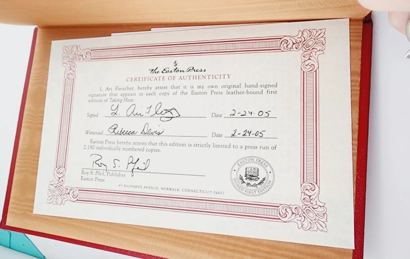 Ari Fleischer TAKING HEAT Signed Easton Press 1st Ed. 2006 #484 Certificate