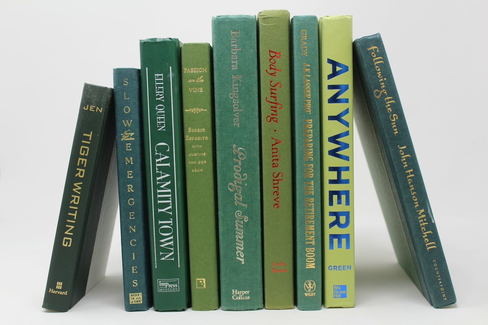 6 Green Hardcover Books for Decor, Staging, Props Gold Silver Copper Lettering