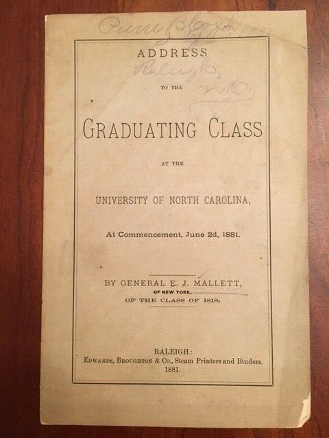 RARE 1881 Address to Graduating Class University North Carolina Chapel Hill, NC