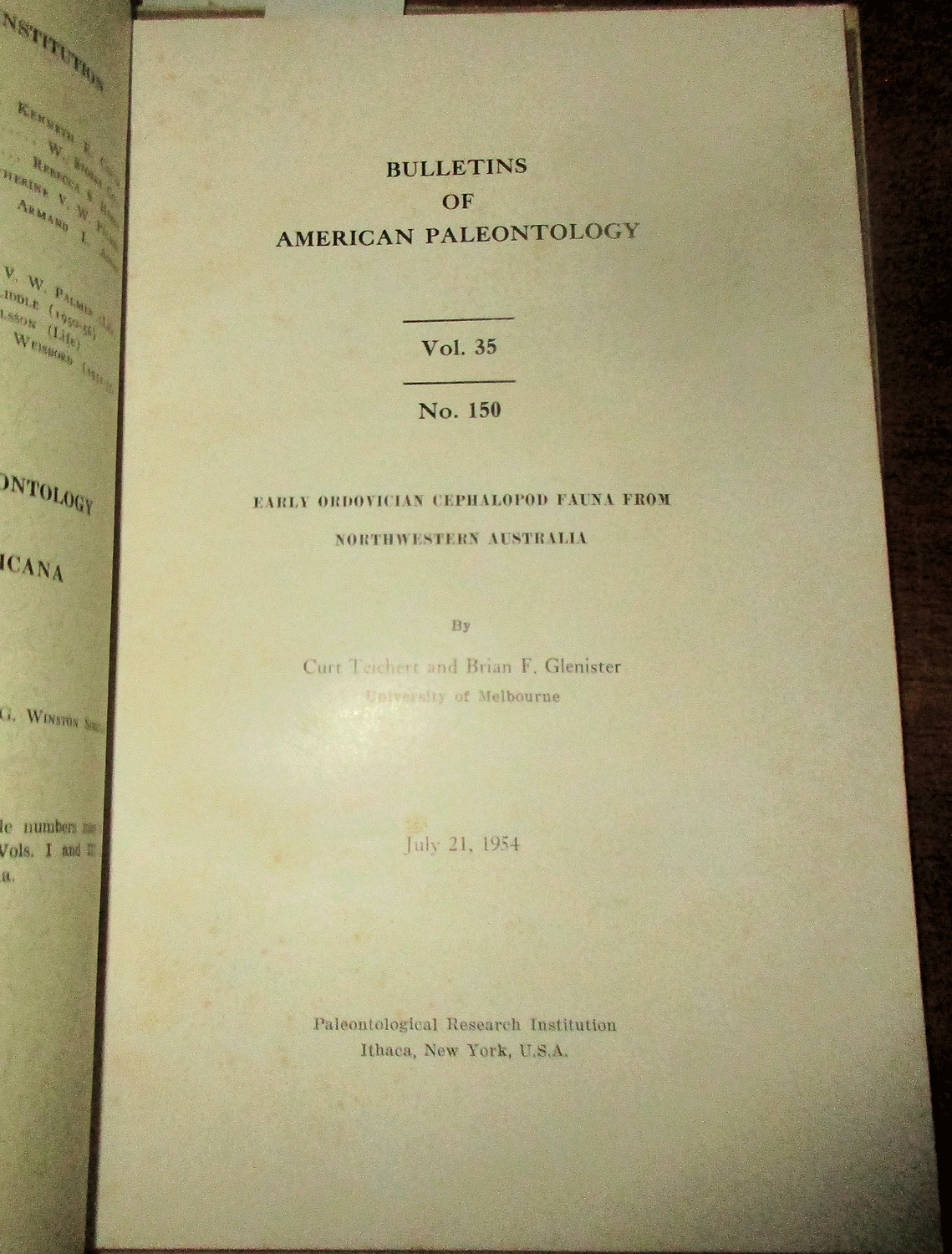 GEOLOGY PALEONTOLOGY 1954 FOSSIL ORDOVICIAN CEPHALOPODS From AUSTRALIA NWT
