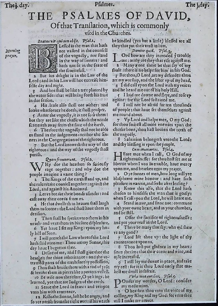CAST BURDEN UPON LORD PSALM 55 , 1625 KING JAMES BIBLE PAGE, PSALTER GREAT BIBLE