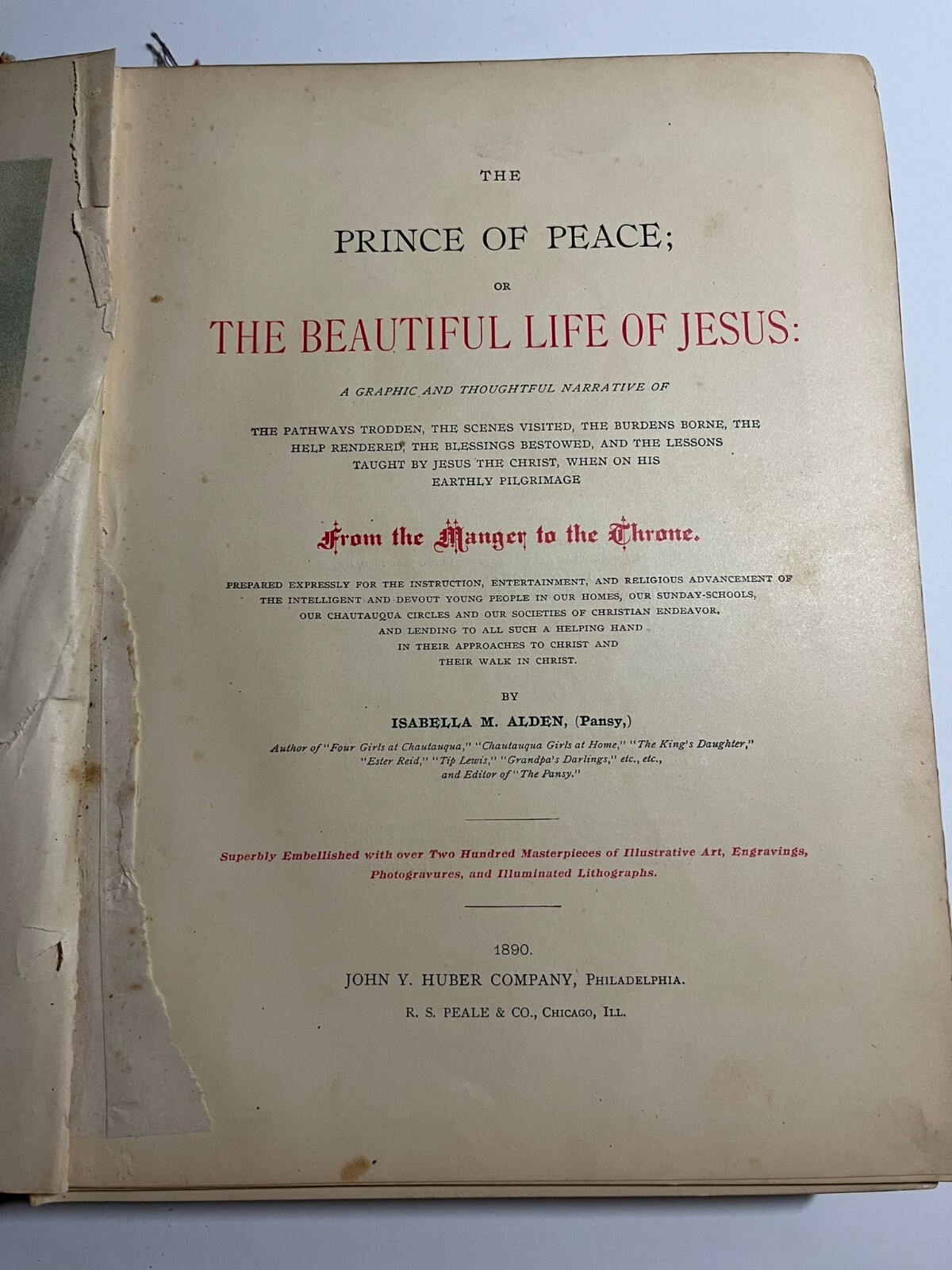 The Prince Of Peace – The Beautiful Life Of Jesus Book by Pansy 1890 1st Ed. HC