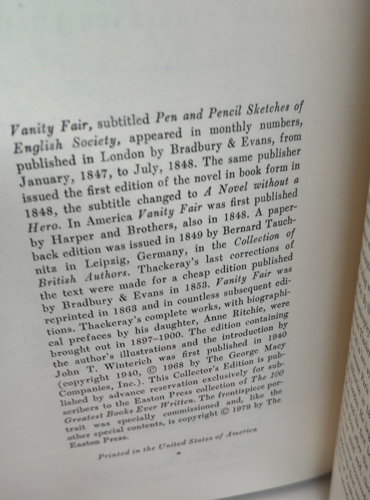 Vanity Fair by William M. Thackeray – Easton Press – Leather Hardcover – 1979