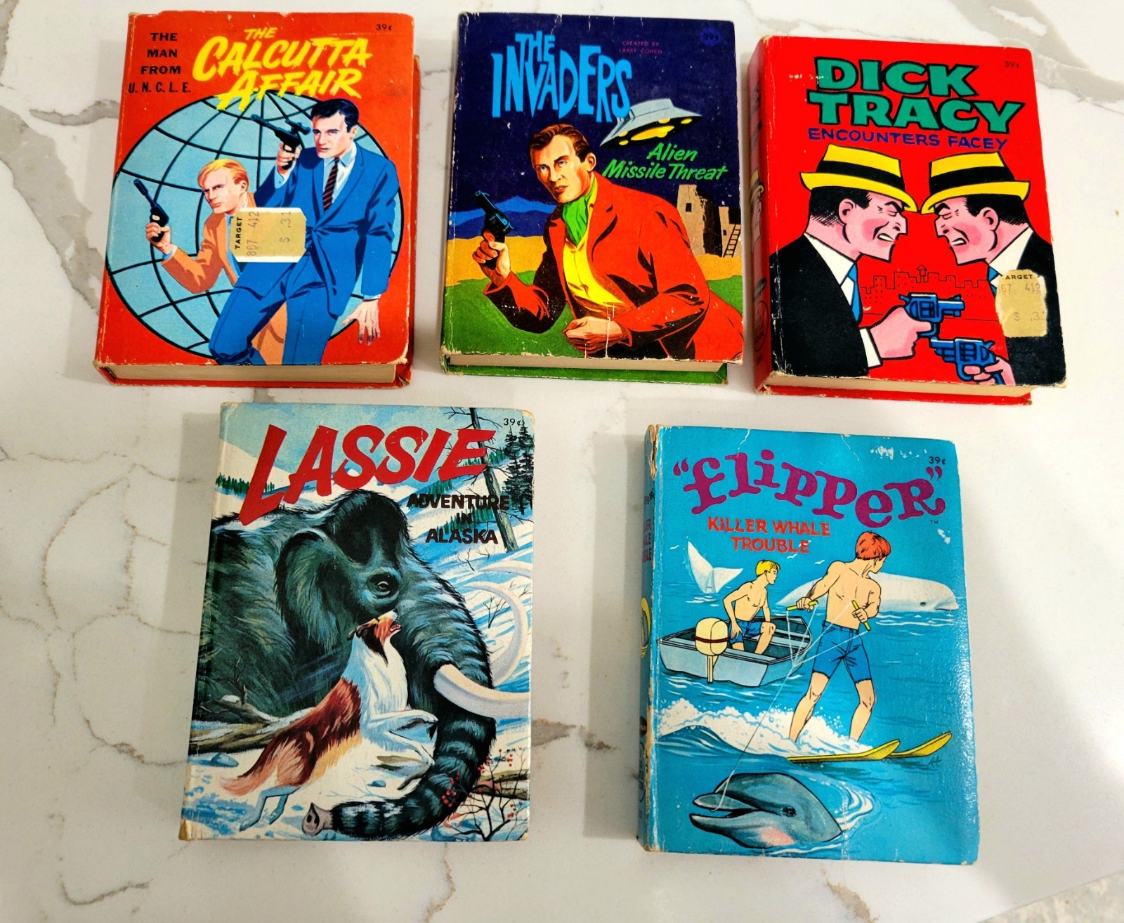 Vtg 5 Whitman Big Little Books Lassie Dick Tracy Flipper Invaders Man from Uncle