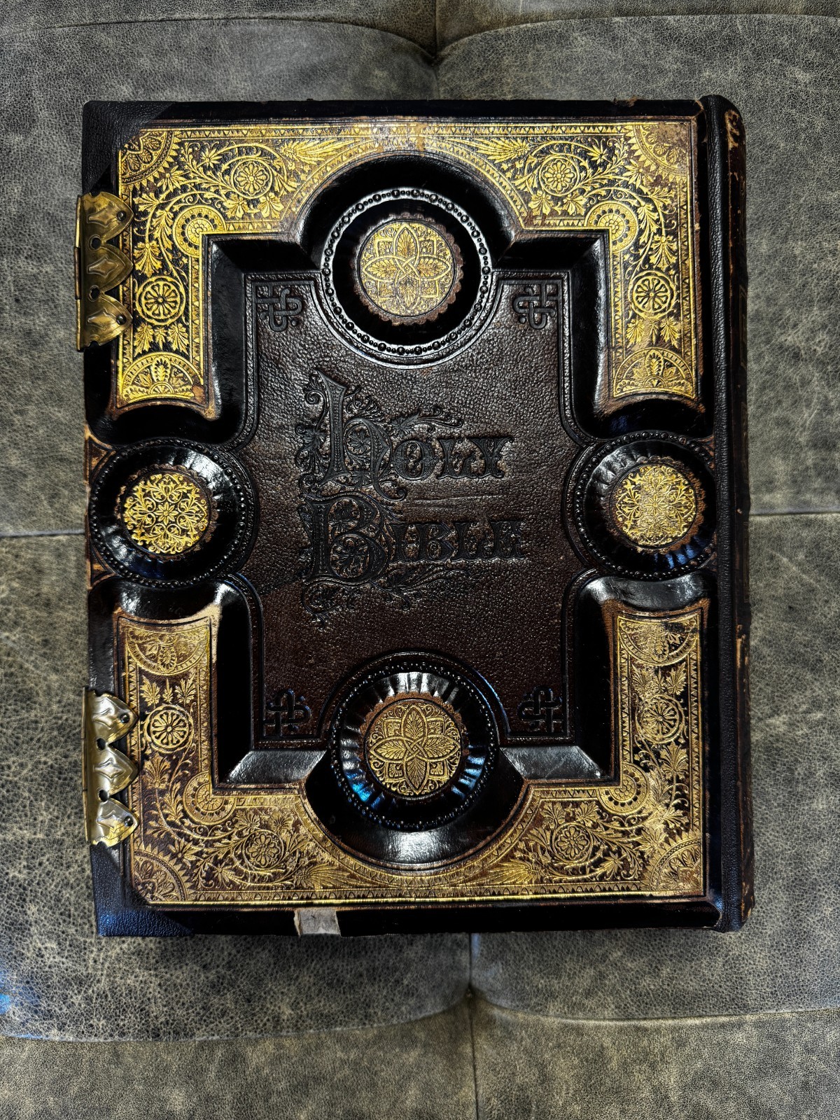 Antique 1880 Victorian Family Bible w/ Marriage Records, Photos & Pressed Leaf