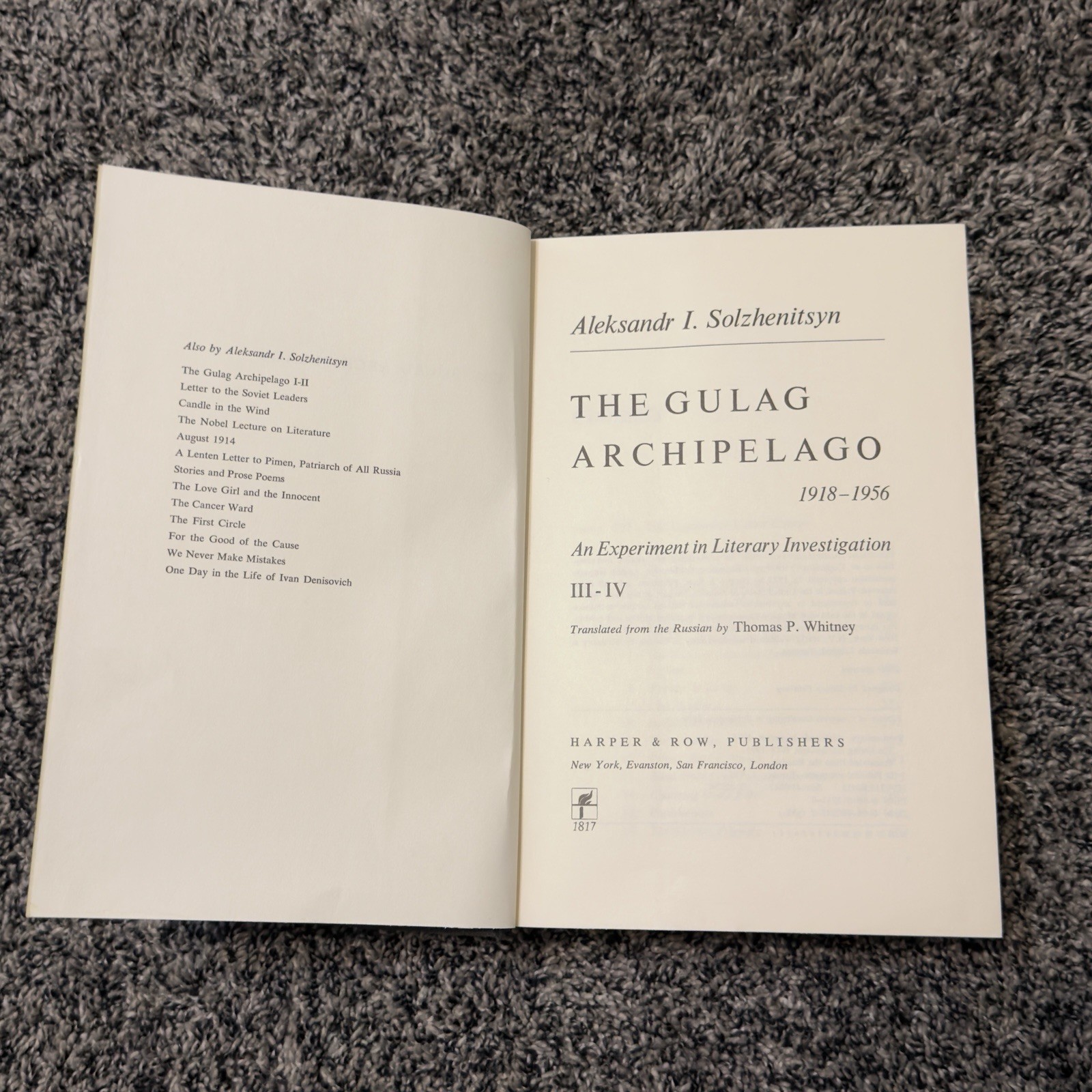 The Gulag Archipelago by Aleksandr I. Solzhenitsyn 1974 First Edition, Harper