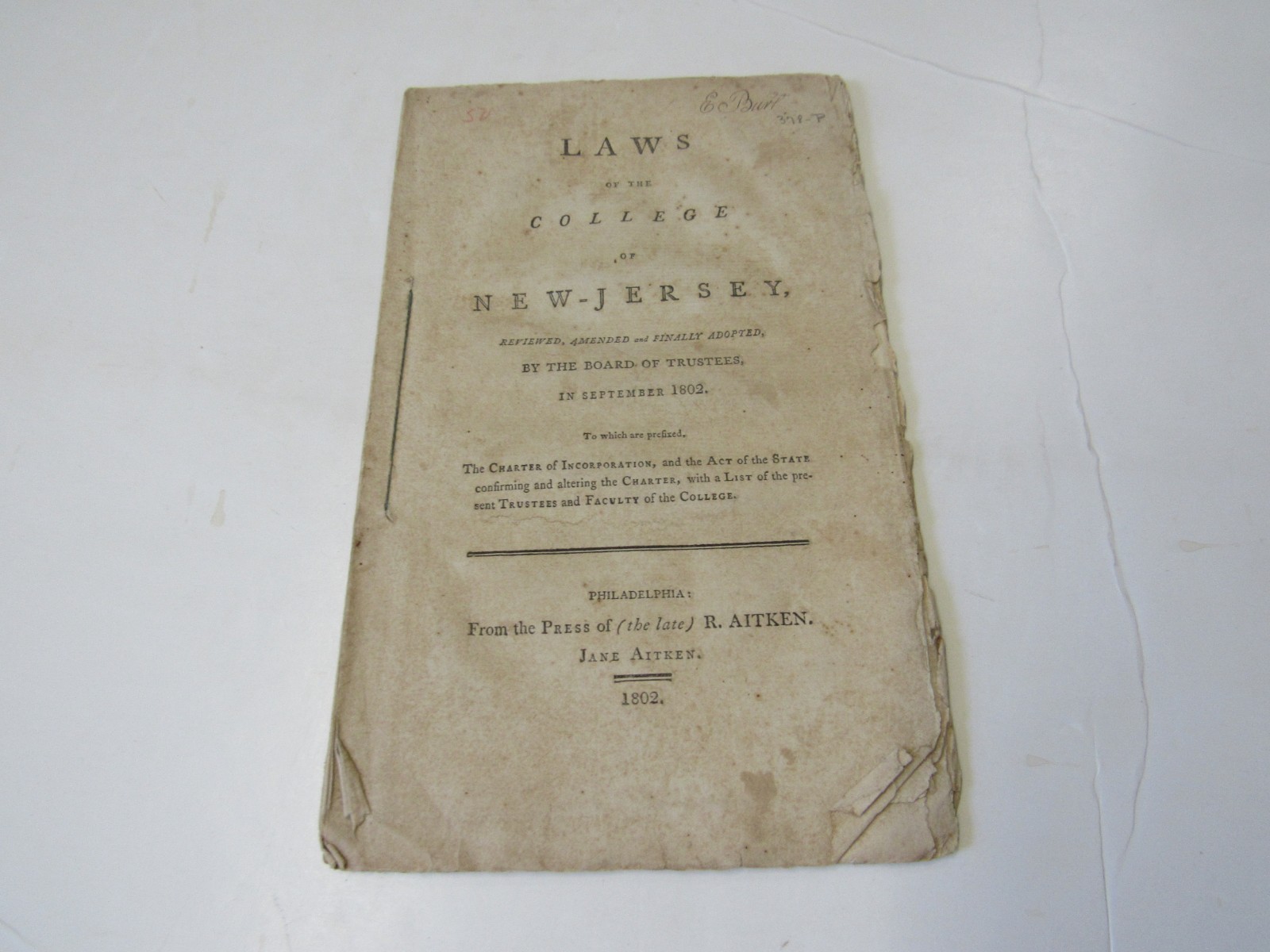 1802 Laws College of New Jersey, Important Princeton Piece, history