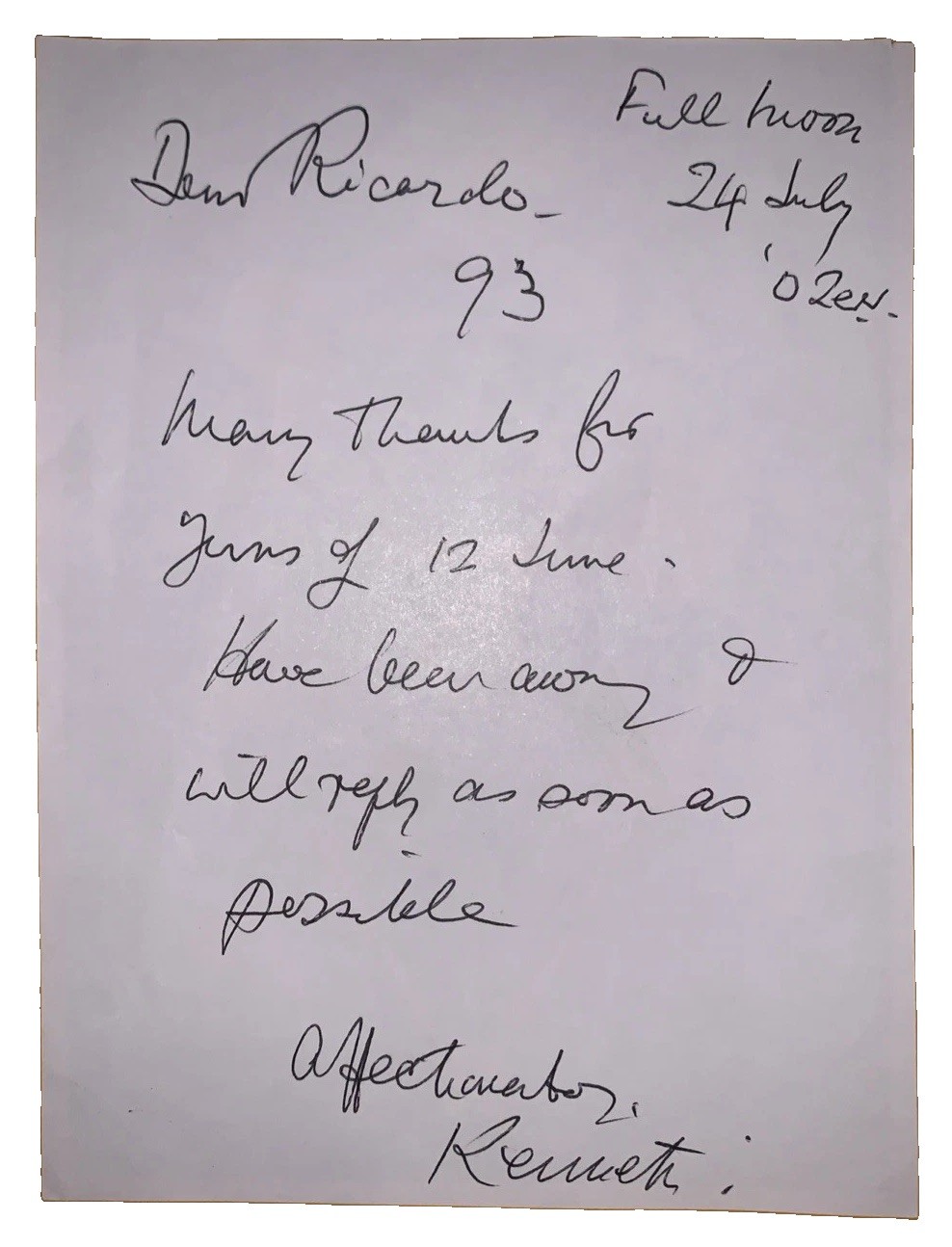 KENNETH GRANT SIGNED HANDWRITTEN NOTE, OCCULT, TREE OF LIFE, 2002, TYPHONIAN