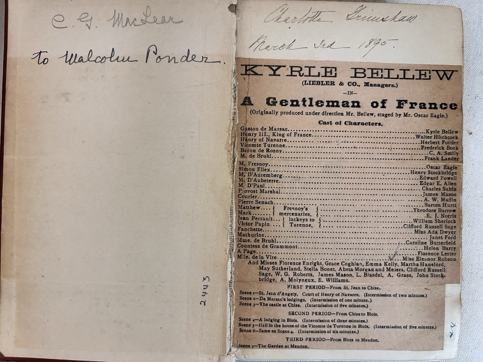 A Gentleman of France Weyman 1895 Kyrle Bellew Playbill Inscription Antique