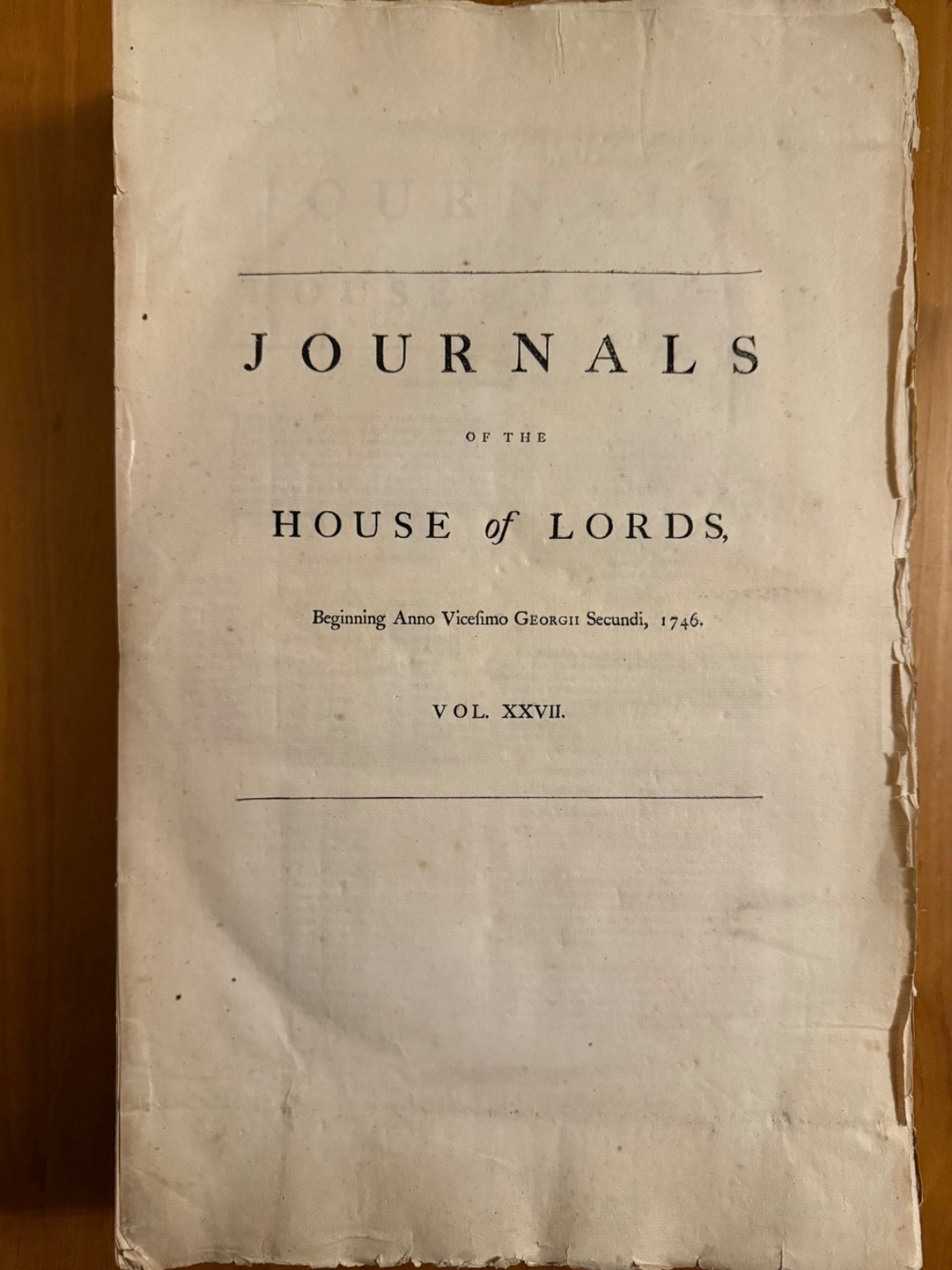 1746 Journals of the House of Lords Vol. XXVII – Unbound Large Folio, Antique
