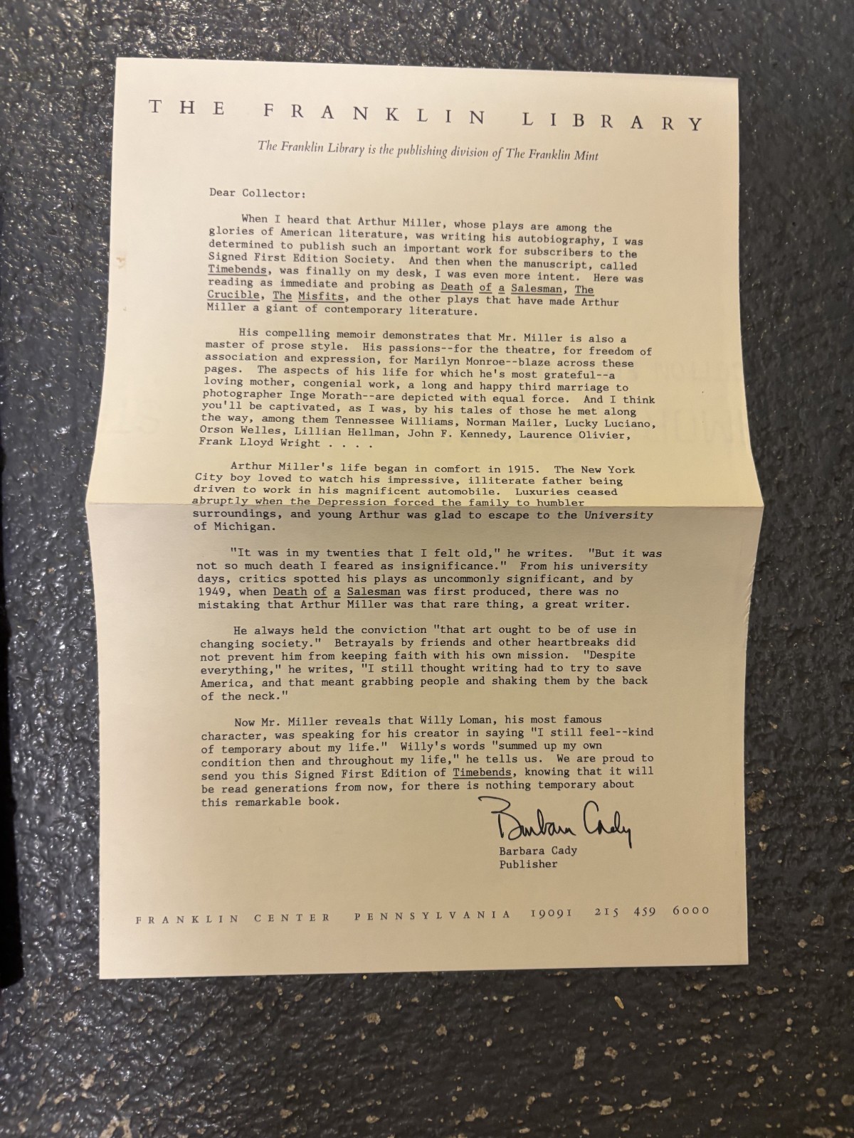 Arthur Miller Timebends Signed First Edition Franklin Library