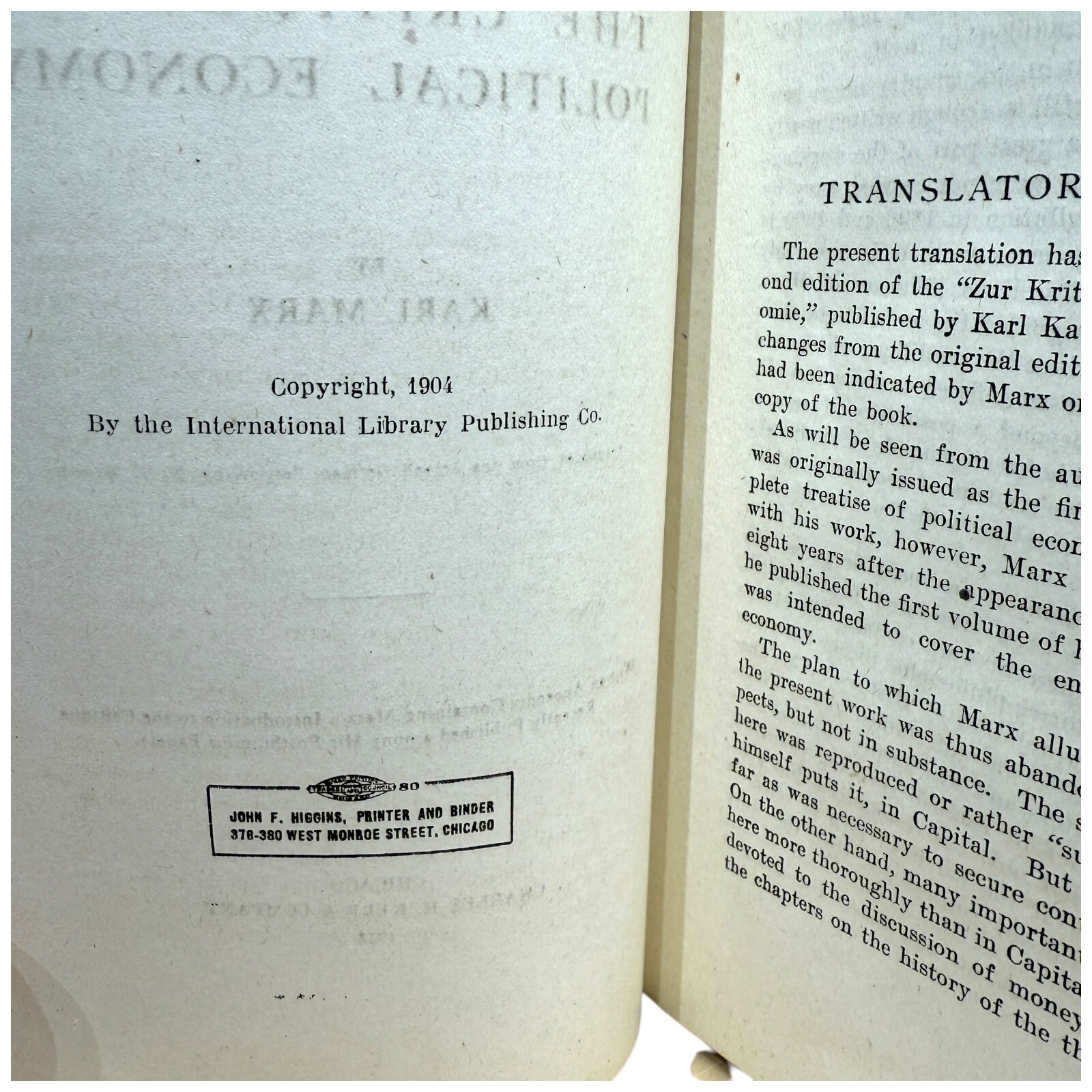 A Contribution to the Critique of Political Economy by Karl Marx 1918 Vintage