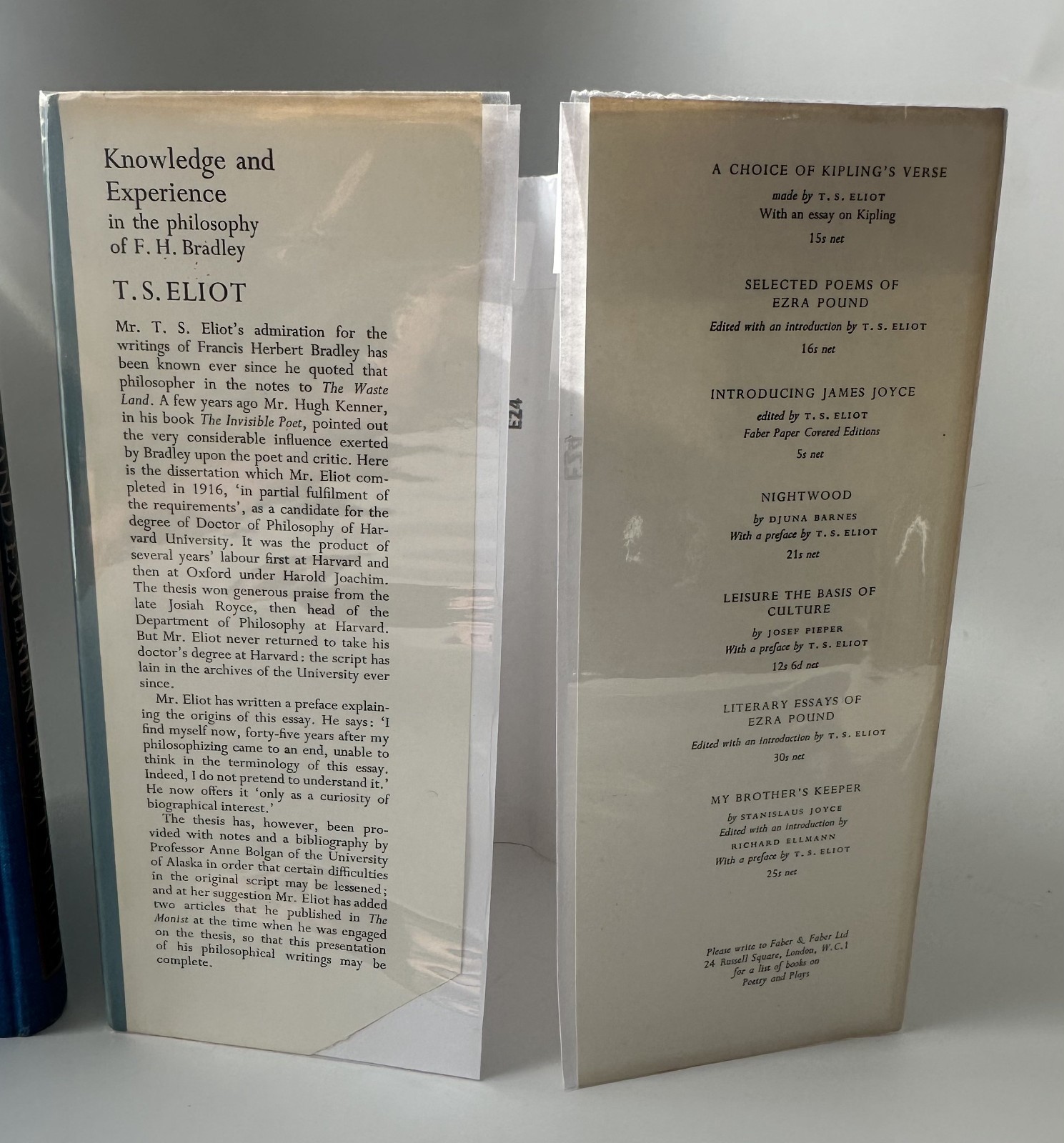 T. S. ELIOT / Knowledge and Experience in the Philosophy of F. H. Bradley 1st Ed