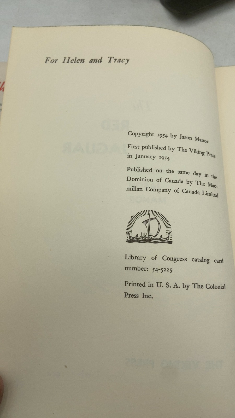 The Red Jaguar Jason Manor Hardcover First published by The Viking Press in J…