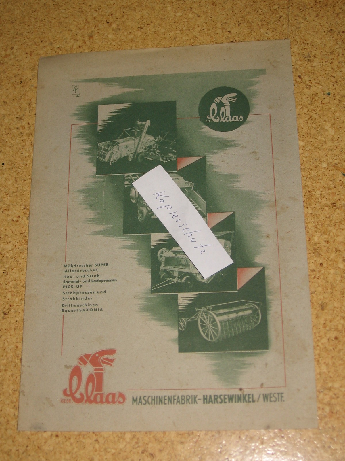Claas Maschinenfabrik Harsewinkel Westphalia 28 x 19 cm Advertising Advertising 1952