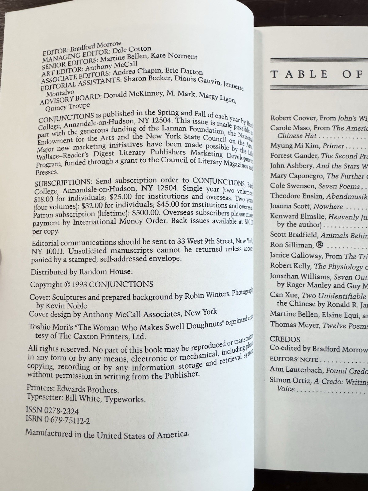 Conjunctions The Credos Issue literary magazine Ashbery Creeley Acker Gass