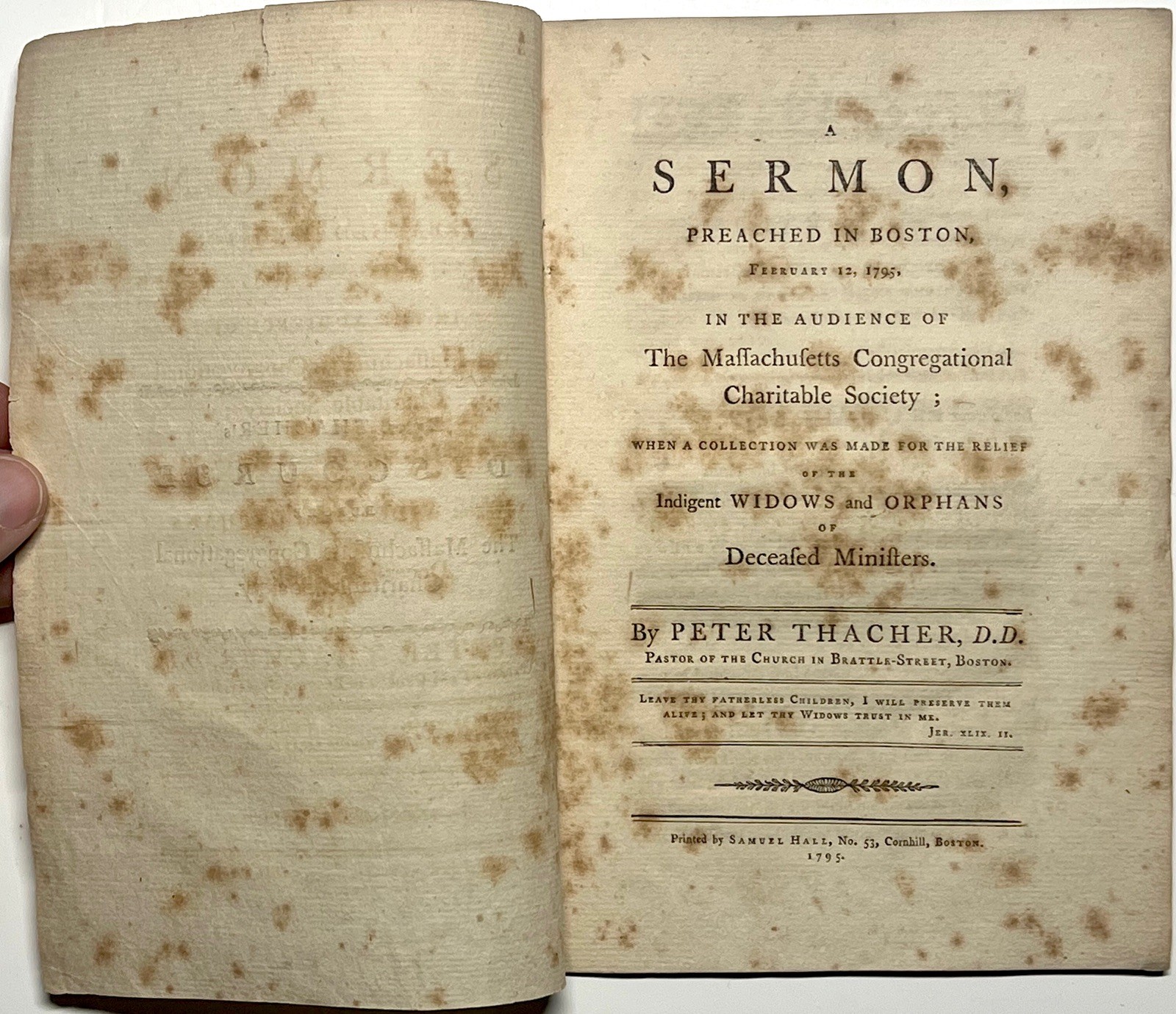 1795 SERMON MASSACHUSETTS CHARITABLE SOCIETY WIDOWS ORPHANS THACHER 1ST ED RARE!