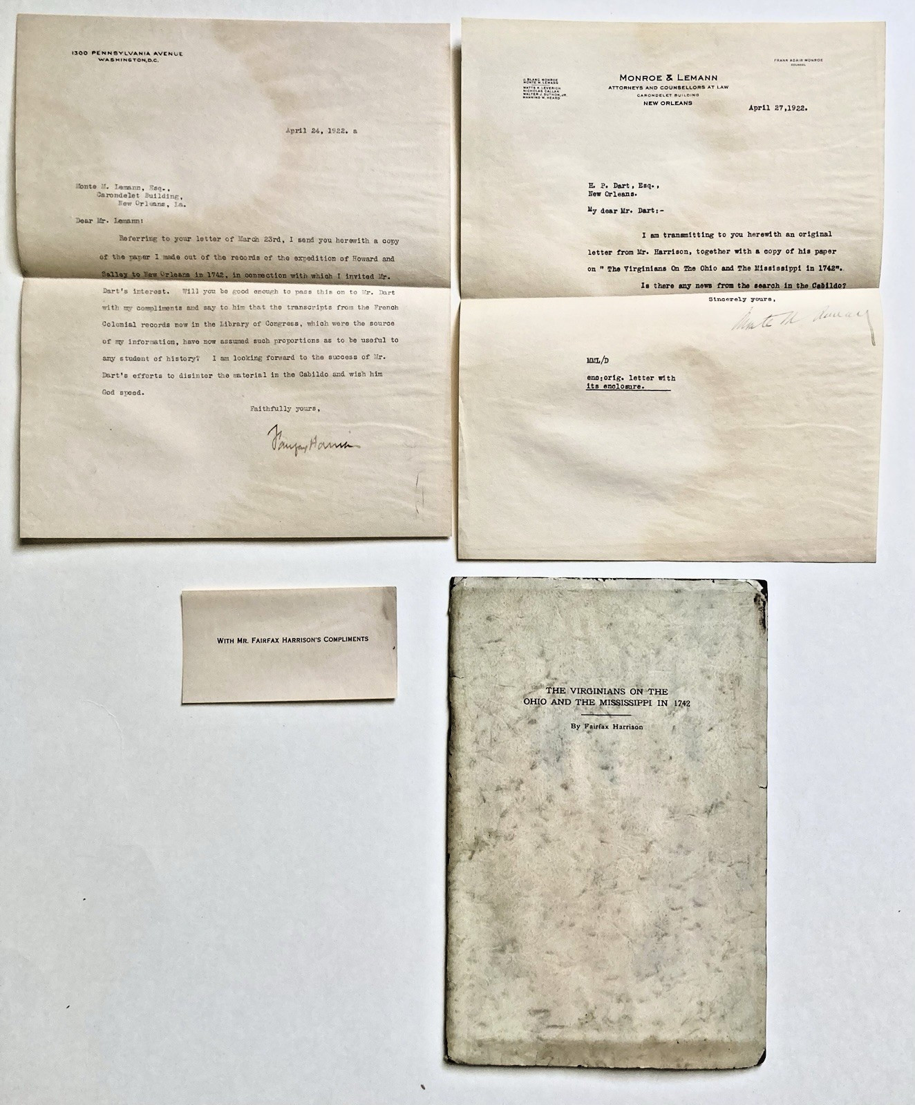 1922 Fairfax Harrison Signed Letter Offprint Henry P. Dart Louisiana History
