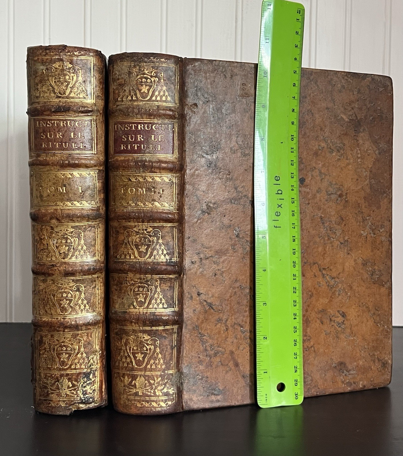10.5” Beautiful Antique French Leather Bound Books In-Quatro 18th Century