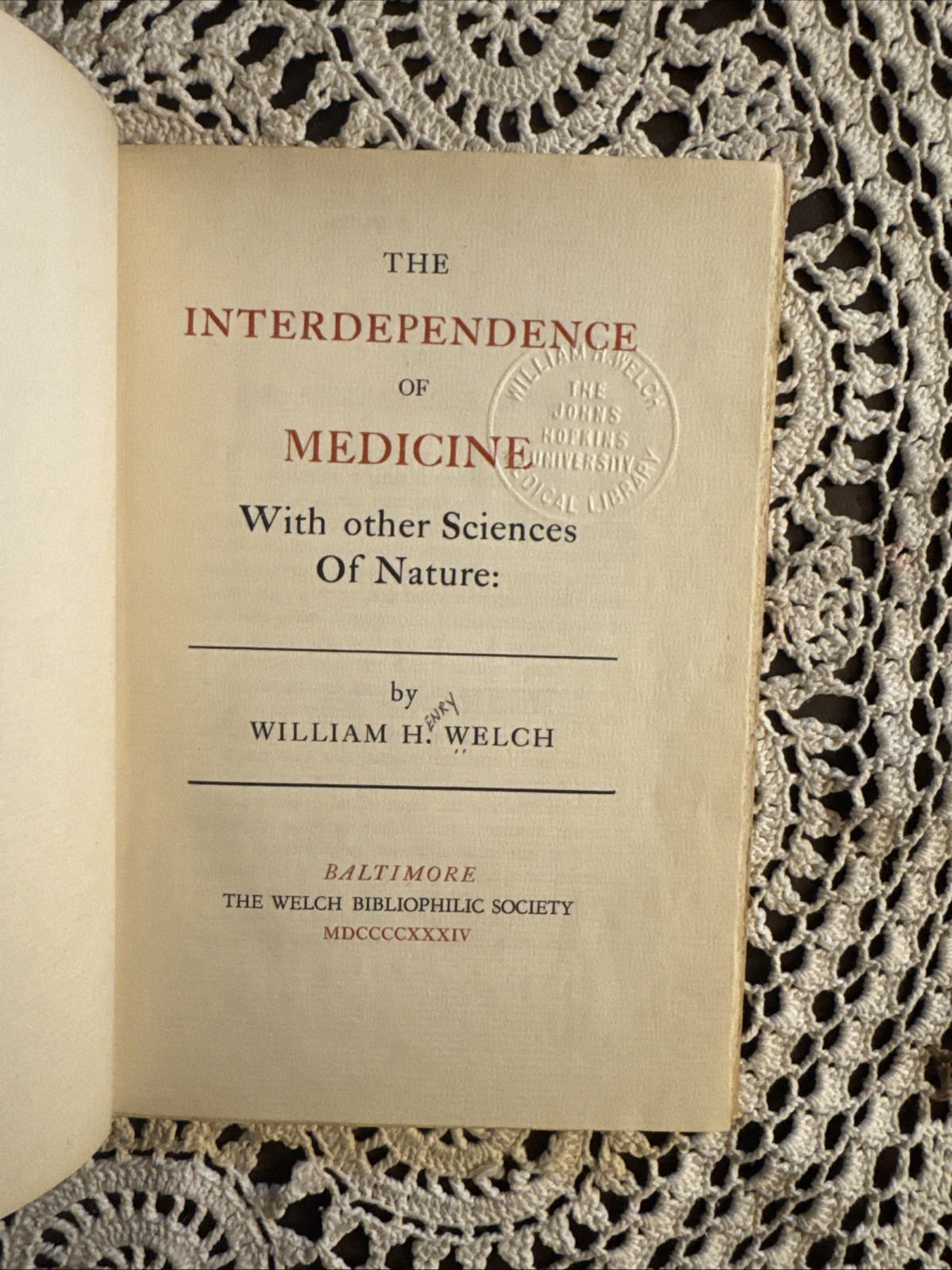1934 WILLIAM H. WELCH Interdependence of Medicine 1st Ed Wilmer Provemance