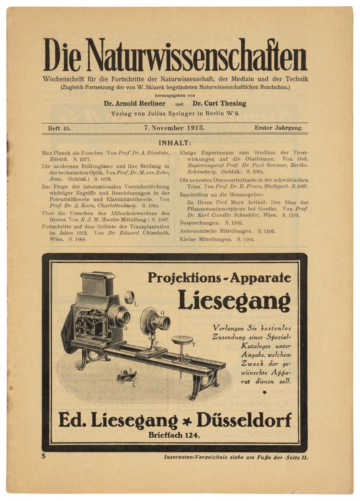 Einstein / 6 First Journal Publications Planck Mach Newton with Flamm 1913-1927