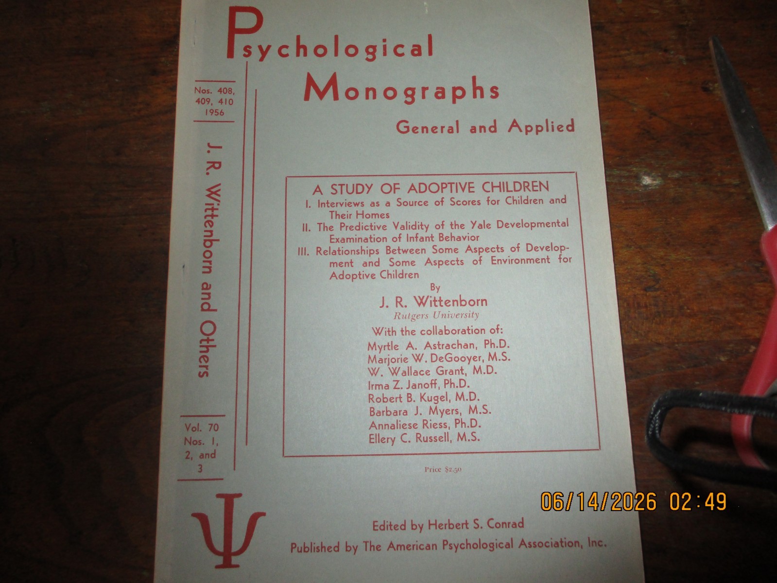 Psychological Monographs 1956, Vol 70, 2 issues & 1957, Vol. 71, 4 issues
