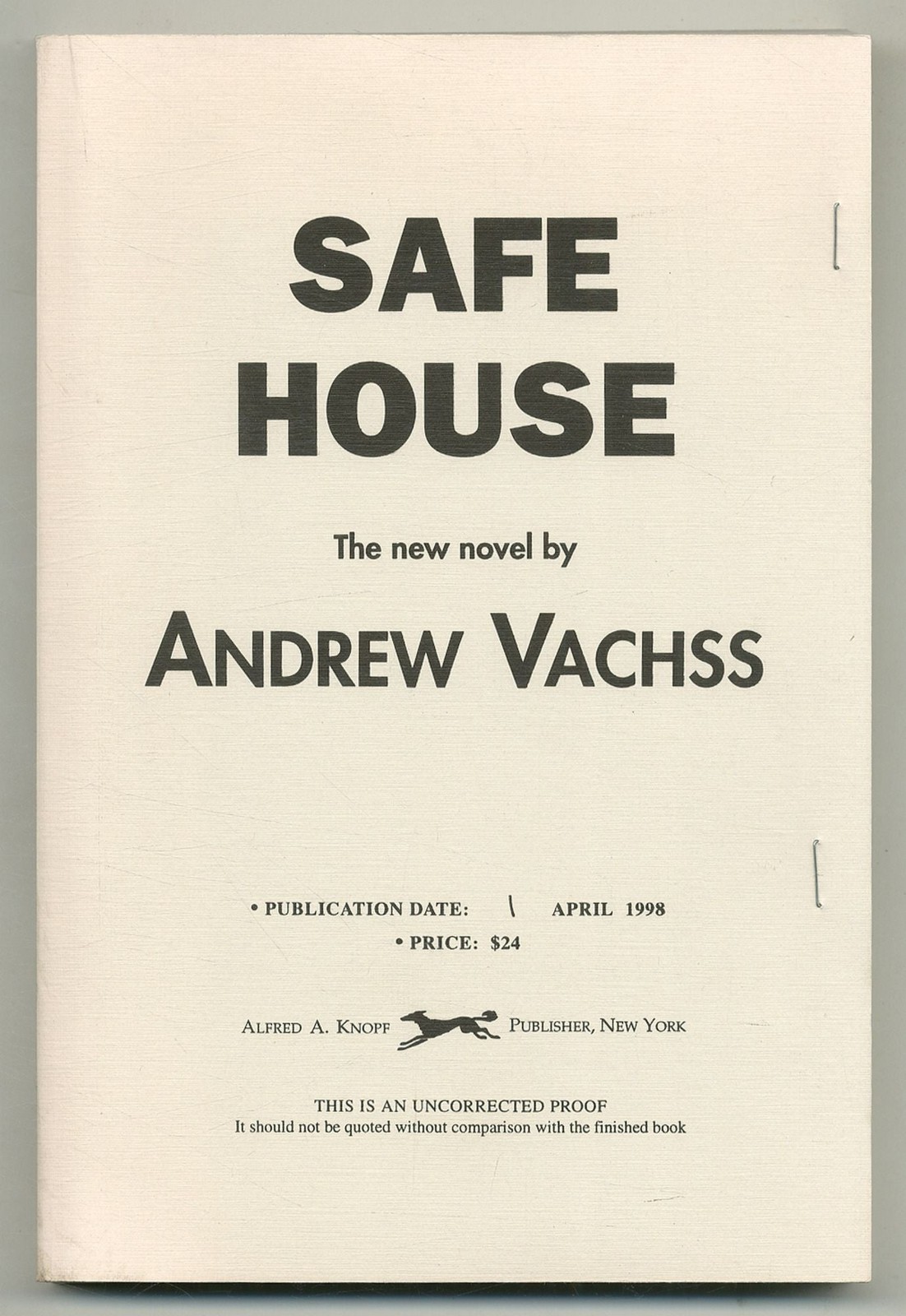 Andrew VACHSS / Safe House Uncorrected Proof 1st 1998