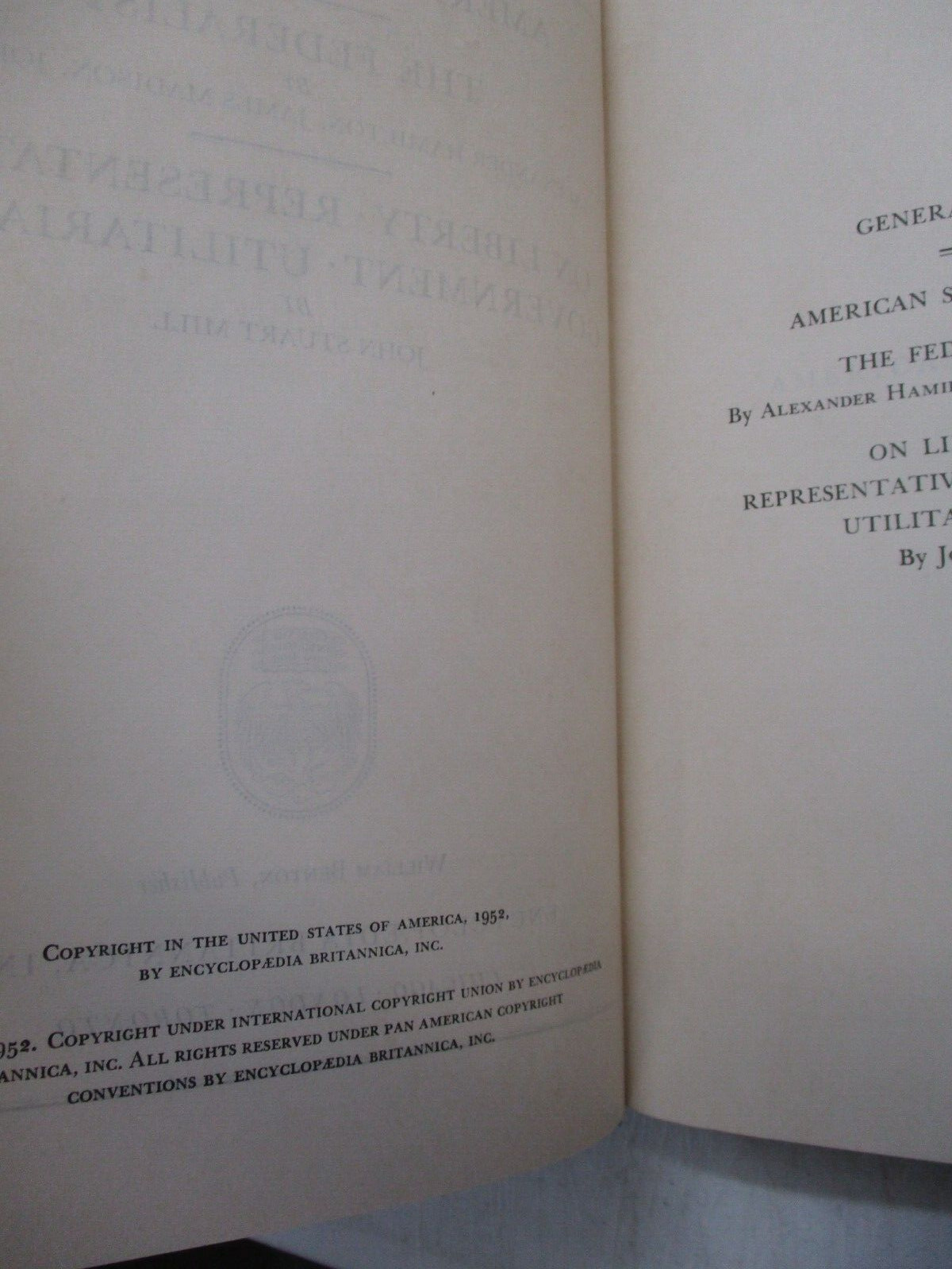 BRITANNICA GREAT BOOKS OF THE WESTERN WORLD 1952 #43 AMERICAN STATE PAPERS MILL