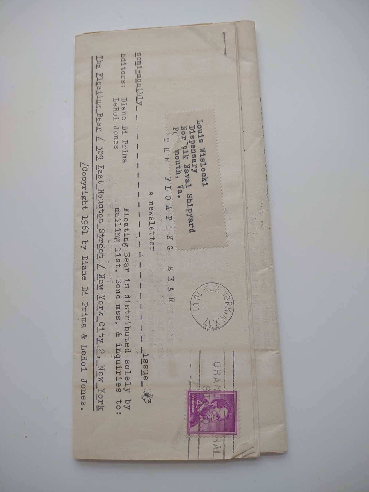 Diane di Prima Leroi Jones Ed. Ed Dorn The Floating Bear #3 1st Edition 1961