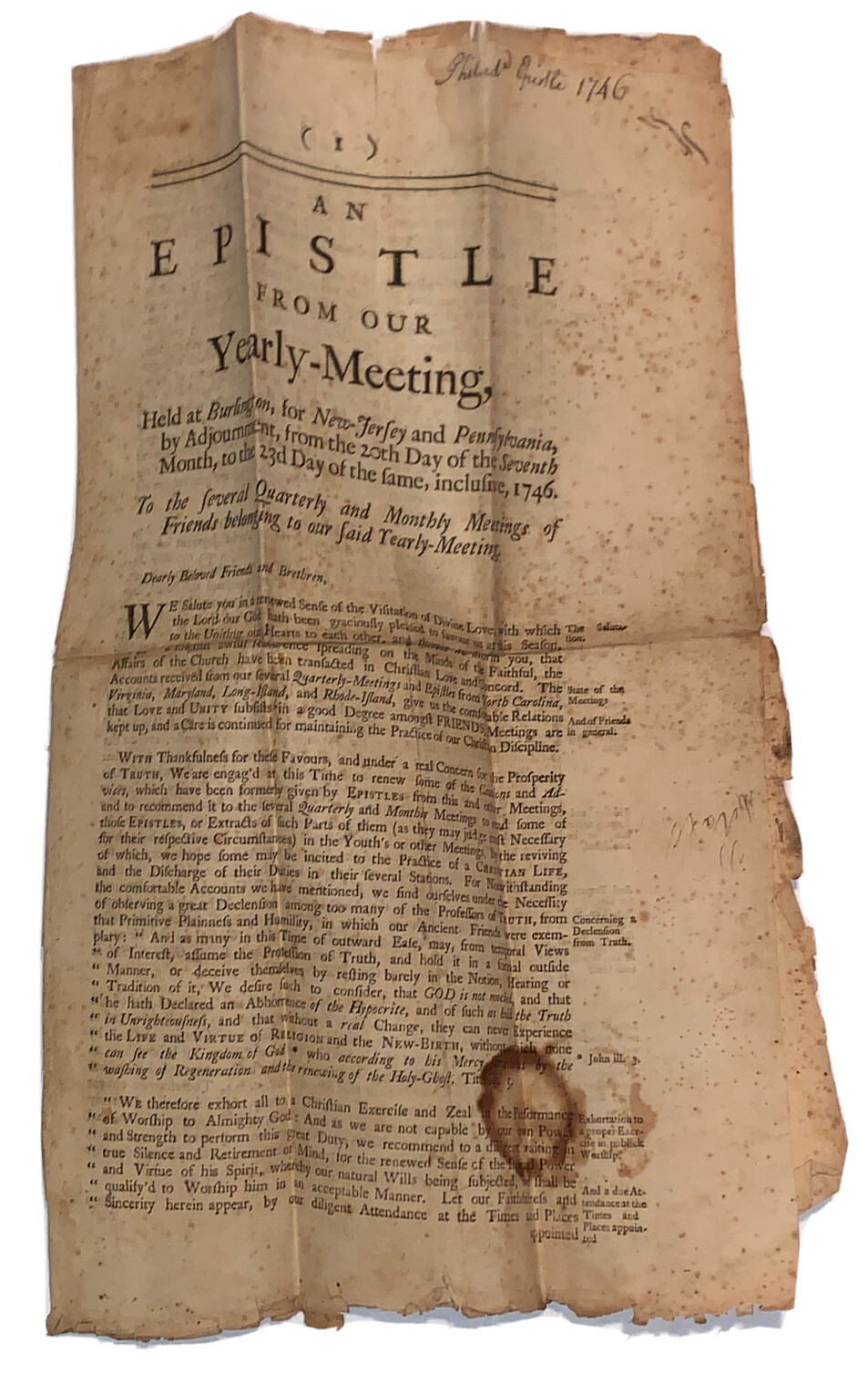 1746, PHILADELPHIA, QUAKER EPISTLE, YEARLY MEETING FRIENDS, WILLIAM BRADFORD, JR