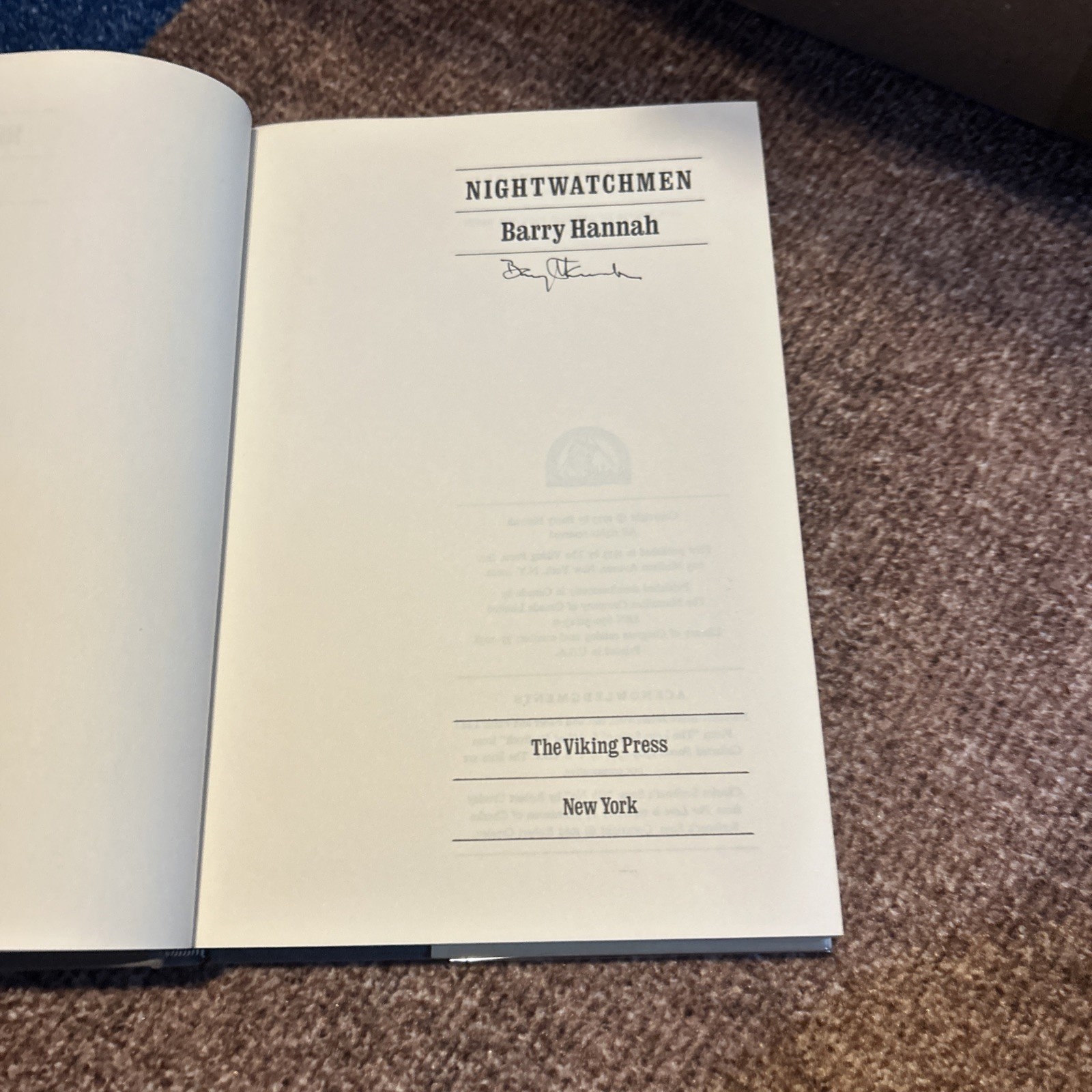 NIGHTWATCHMEN – SIGNED by Barry Hannah – 1ST EDITION – The Viking Press, 1973