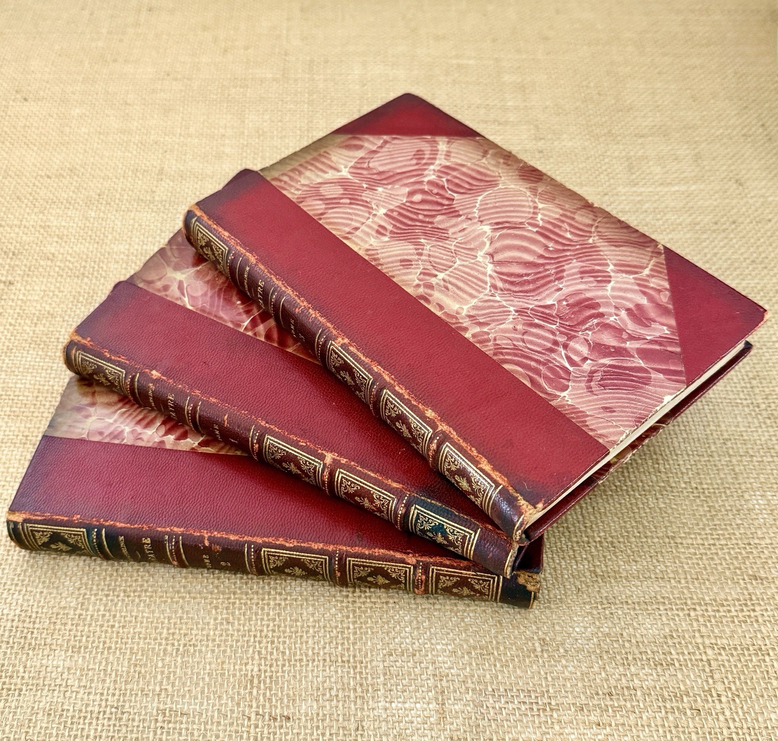 3 Antique Maurice Maeterlinck Théâtre Decorative Book Set Half Leather Marbled