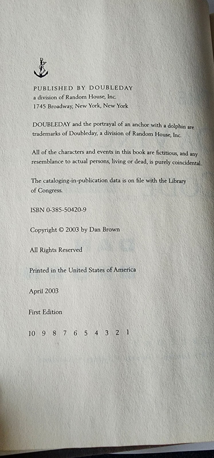 The Da Vinci Code Dan Brown First Edition (1st Printing) with Errors