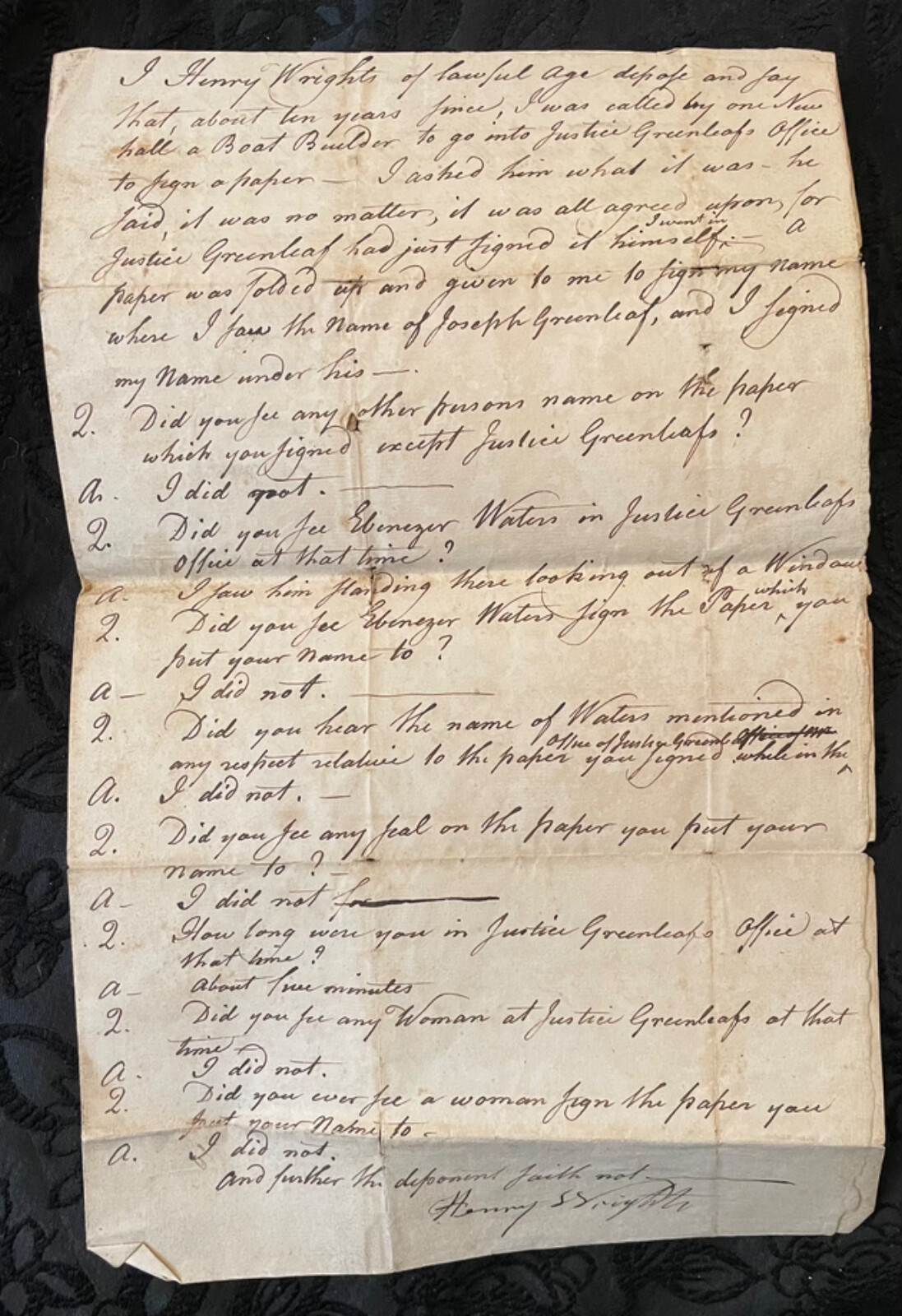 1797 MANUSCRIPT DEPOSITION REGARDING JOSEPH GREENLEAF REVOLUTIONARY WAR BOSTON