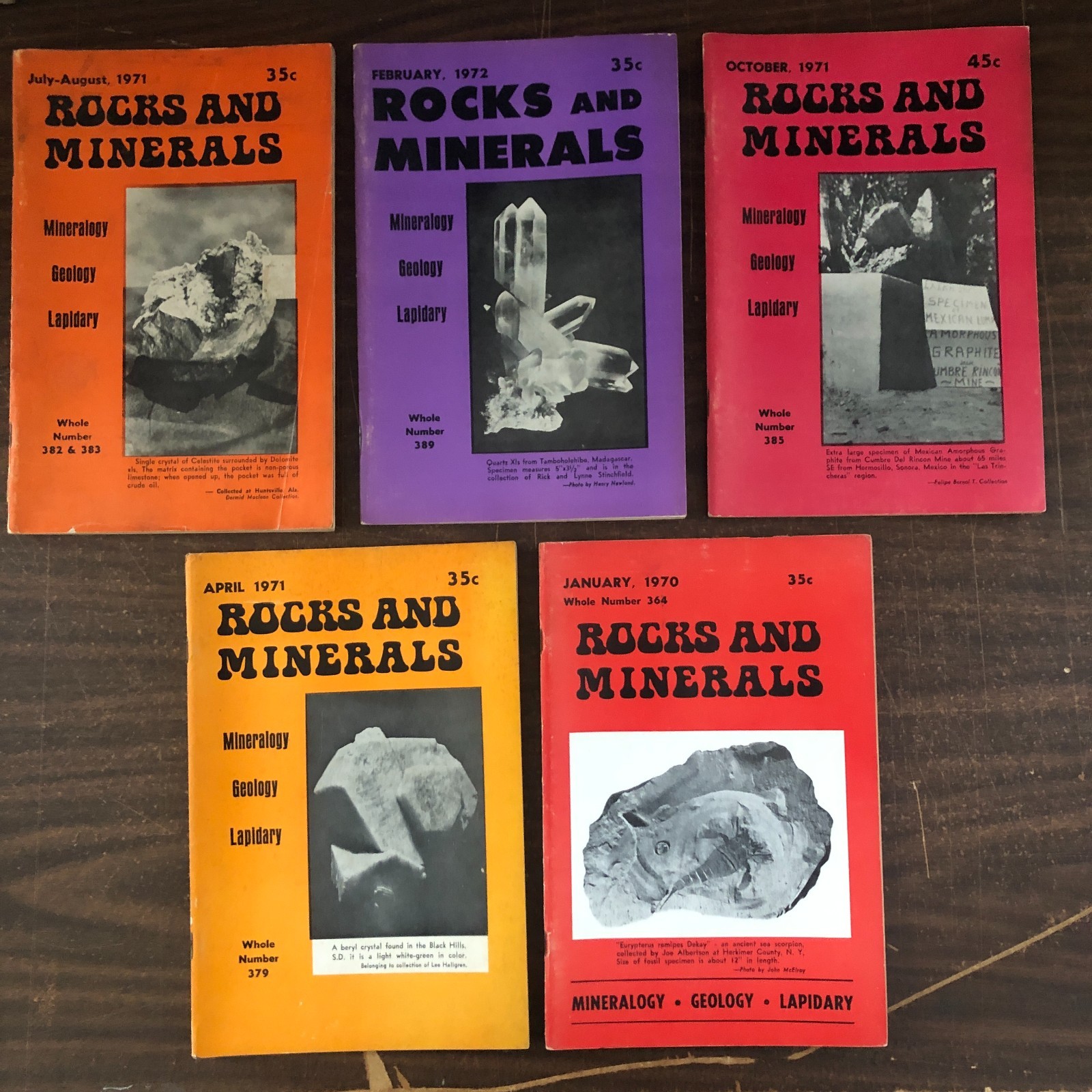 5 Vintage magazines 1970,71,72 ROCKS AND MINERALS 6″ X 9″, VG