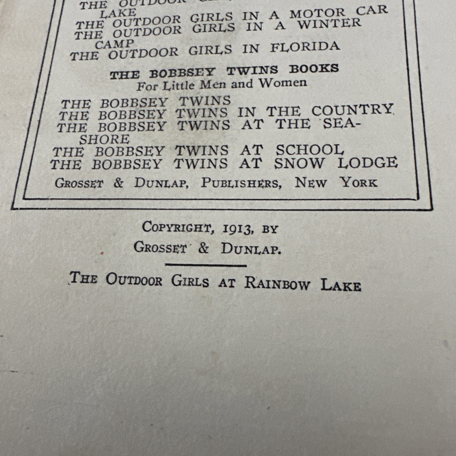 The Outdoor Girls At Rainbow Lake by Laura Lee Hope 1913 Grosset & Dunlap