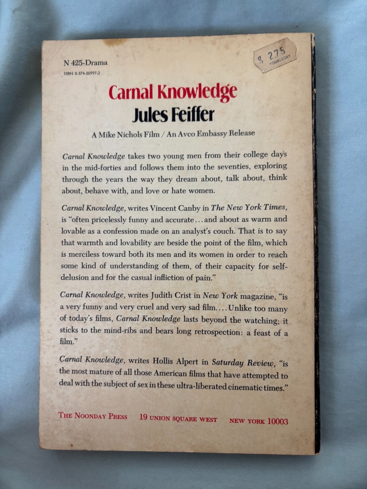 Carnal Knowledge – screenplay digest PB movie tie-in VG 1971 Jack Nicholson