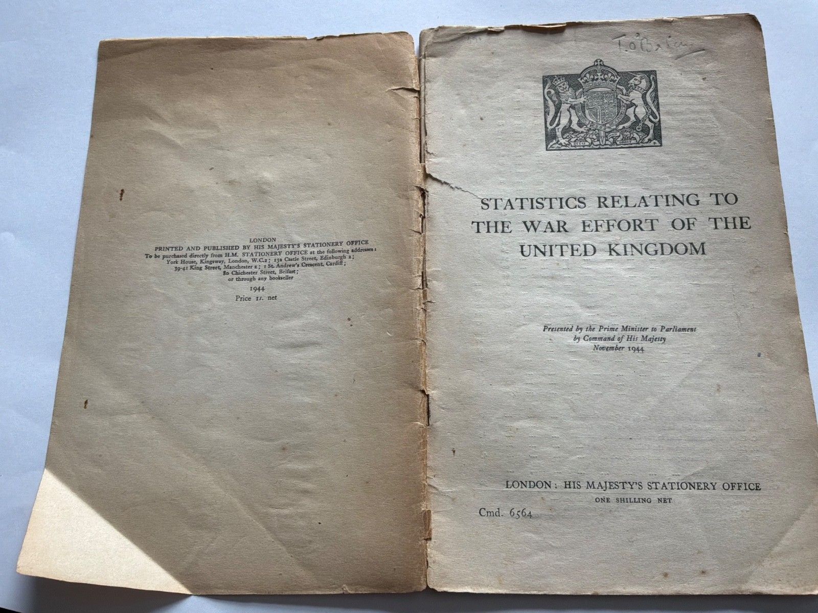 Ephemera Statistics Relating To The War Effort Of The United Kingdom 1944.