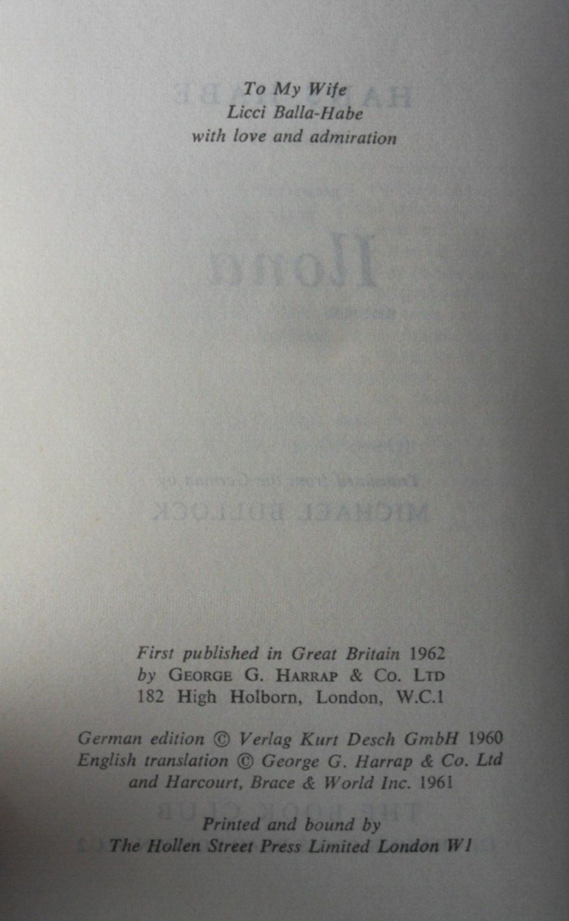 ILONA by Hans Habe. 1962 Book Club Edition Hardback.