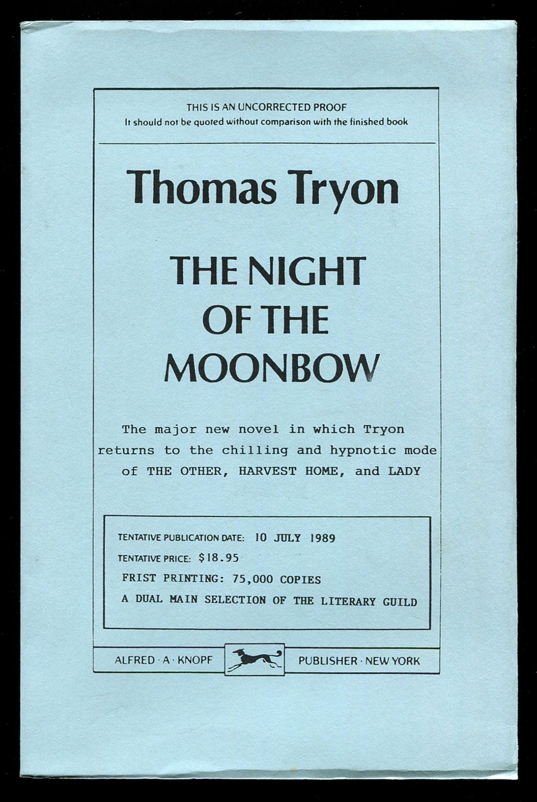 Thomas TRYON / The Night of the Moonbow Uncorrected Proof 1st 1989