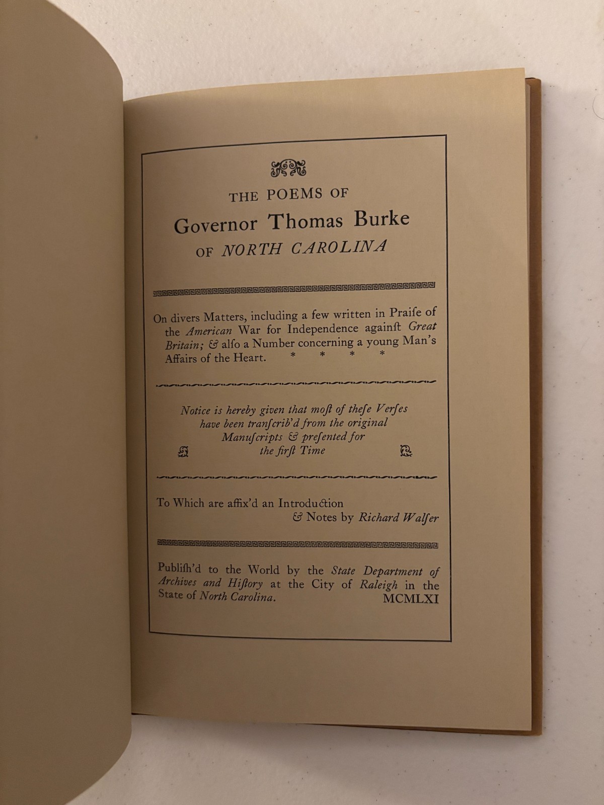 The Poems of Governor Thomas Burke of North Carolina, Raleigh, NC 1961 Hardcover