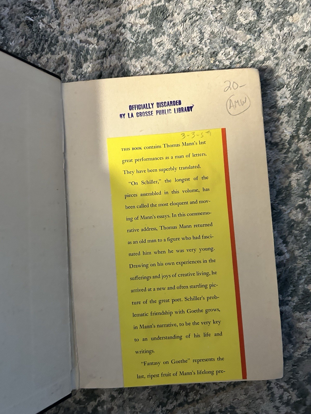 Thomas Mann / Last Essays / 1st Edition / HCDJ / Knopf 1959 / Ex Libris