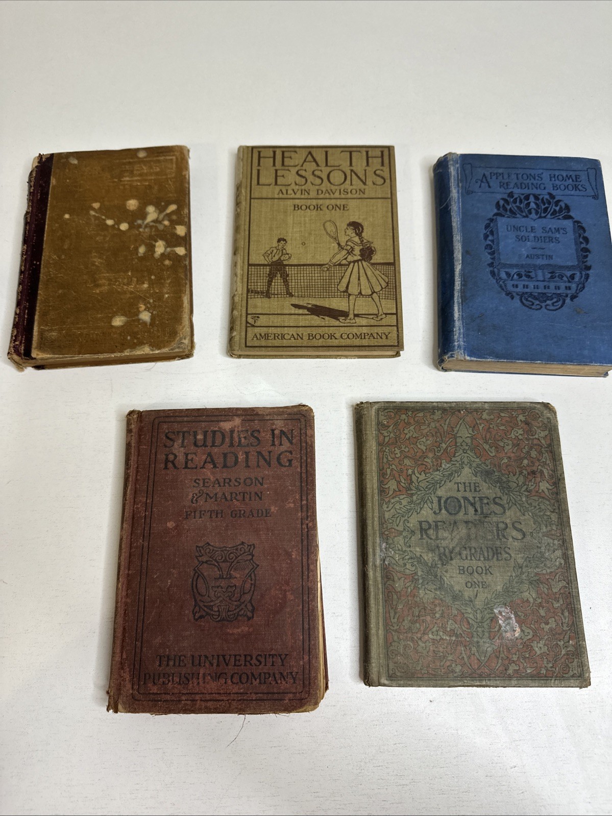 Lot Antique Book 1879-1910 School 3 Readers, Health & Uncle Sam Soldiers