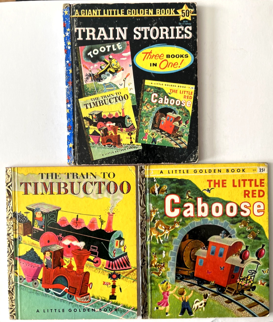 TRAIN STORIES, RED CABOOSE ~ vintage 1st ed. children’s Little Golden Book set